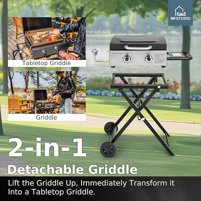 MFSTUDIO Small Portable Propane Griddle, 2 In 1 Gas BBQ Travel Grill with Foldable Stand, Compact and Light Countertop Grills with 2 Burners and Side Table, for Outdoor Cooking, Camping and Roadtrip