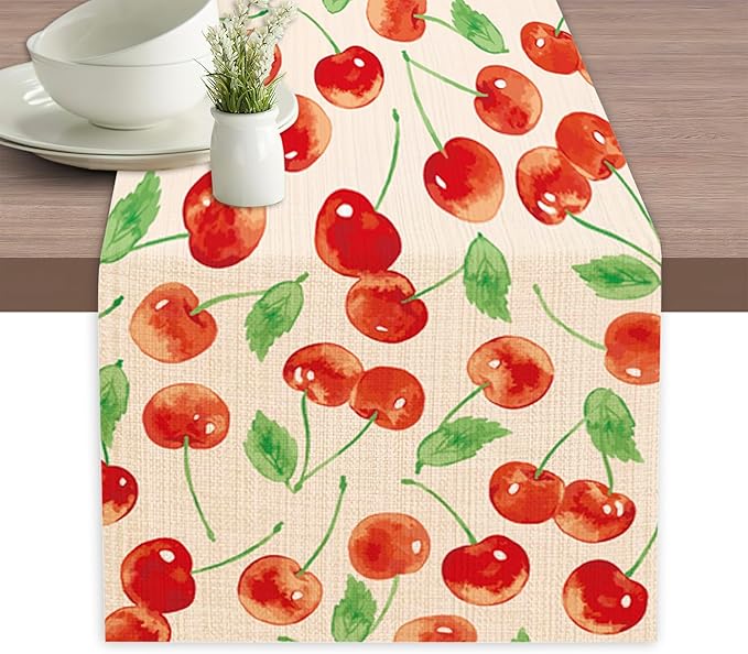 Red Cherry Table Runner Linen Long Farmhouse Rustic TableRunner for Party Holiday Dining Room /Kitchen,13 x 70 Inches
