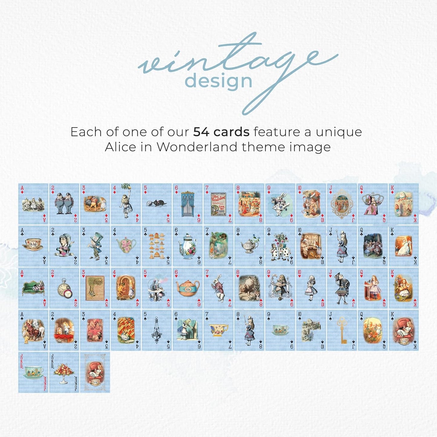 Blue Alice Adventures in Wonderland Playing Cards & Washi Tape Set - Stickers, Scrapbook Supplies, Crafts, Planner Accessories, Party Decor, Waterproof Card Games for Adults, Kids, Family & Travel