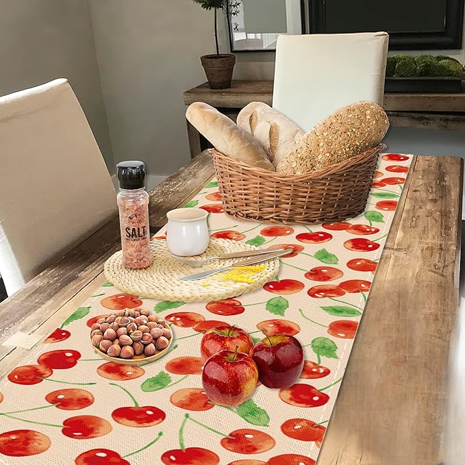 Red Cherry Table Runner Linen Long Farmhouse Rustic TableRunner for Party Holiday Dining Room /Kitchen,13 x 70 Inches