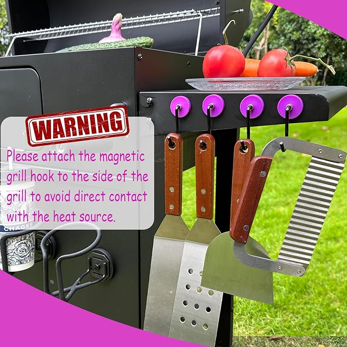 Magnetic Grill Hooks, 4 Pack Heavy Duty Magnet Hooks for Grill, Strong Outdoor Magnetic Hoooks for Grill, Barbecue Tool, Outdoor Hanging, Refrigerator, Kitchen(Purple)