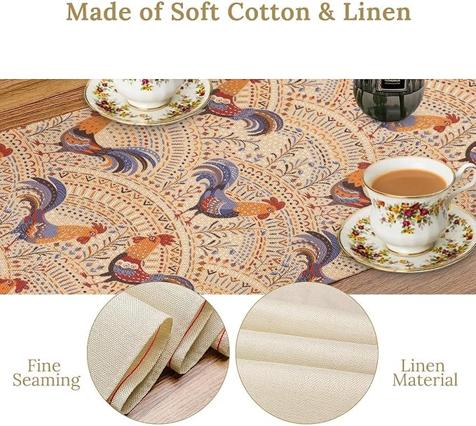 Cute Roosters Table Runner, Boho Rustic Cock Chicken Vintage Arch Floral Plants Print Table Cover for Holiday Kitchen Dining Table Indoor Outdoor Home Party Decor, 13x60inch