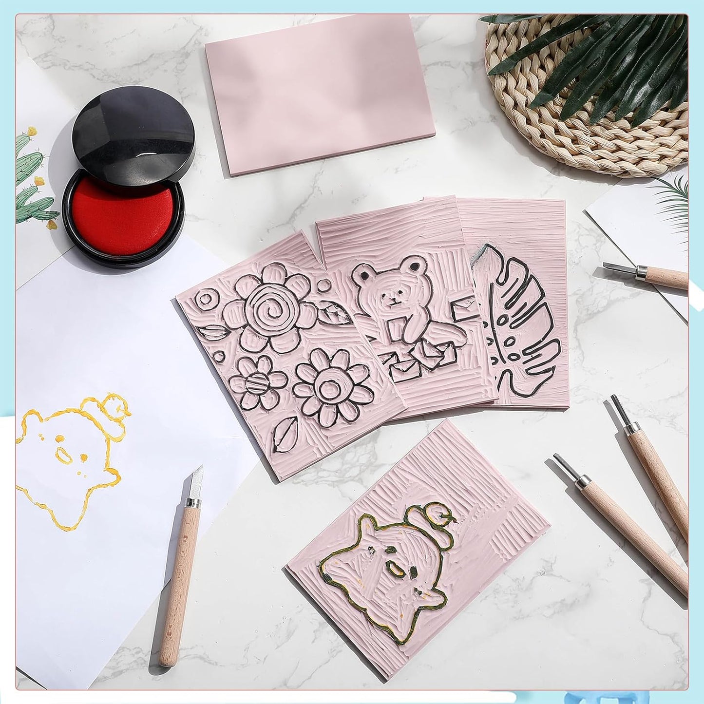 Frienda 50 Pack Rubber Carving Blocks 4 x 6 Inch, Rubber Stamp Carving Blocks for Printmaking, Printing, DIY Craft Project, Soft Block Stamp for Beginners and Professional(Pink)