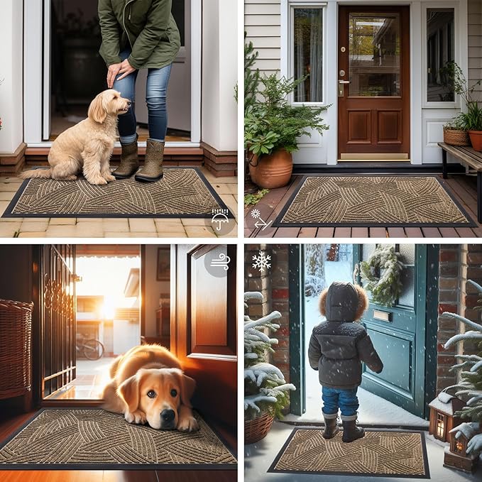 Smiry Front Door Mat Outside Entrance, Heavy Duty Sturdy Natural Rubber Doormat, Trap Dirt and Moisture, Easy Clean Low Profile Mats for Indoor Outdoor Entry, Interwoven Stripes (36x24, Brown)