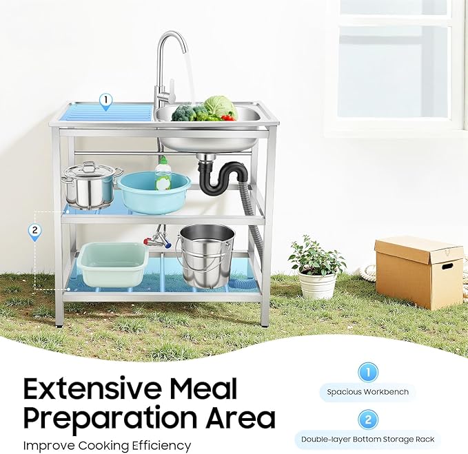 Outdoor Utility Sink, Freestanding Kitchen Sink with Faucet, Utility Sink Freestanding Single Bowl Portable Washing Hand Basin Station with 2 Tier Storage Shelves for Backyard (29.52x 15.74x 30.7in)