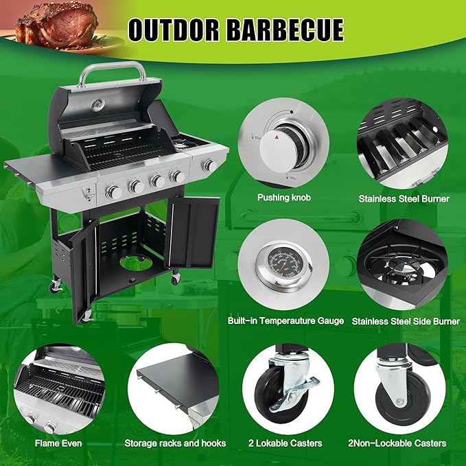 Zateety 4 Burner Propane Grill - 46,500 BTU Gas Grill with Side Burner, Stainless Steel with Iron Cast Grates for Outdoor Cooking, Patio, Camping BBQ, Garden Barbecue Grill, Black and Silver