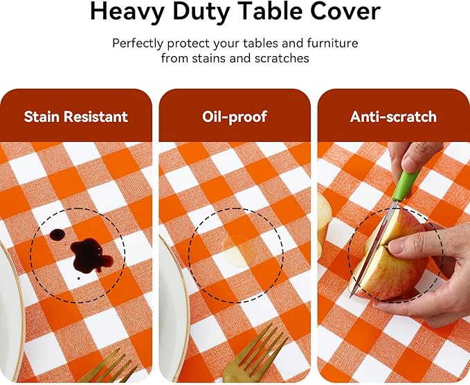 Romanstile Rectangle Vinyl Tablecloth, 100% Waterproof Buffalo Gingham Plastic Table Cloth, Heavy Duty Wipeable Checkered Table Covers for Outdoor, Camping, Picnic, Patio - 54 x 78, Orange and White