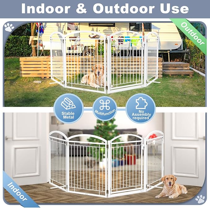 Full Metal Free Standing Dog Gate with Door for Outdoor Indoor,96'' Extra Wide 32'' Tall Dog Gates for Doorways,Large Openings,Decks,Porch,Freestanding Portable Pet Fence(4 Panels,Black)