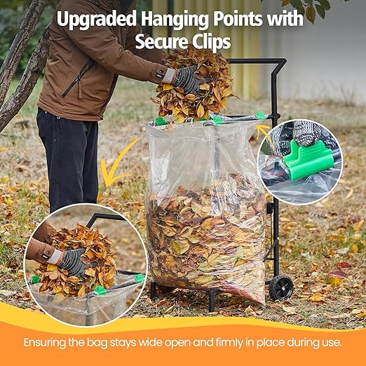 Foldable Leaf Bag Holder, Mobile Trash Bag Holder Stand with Removable Arms and Dual Fixing Design, Adjustable 30-45 Gallon Portable Lawn Bag Cart for Yard Cleanup, Gardening, Leaves, Camping, Parties