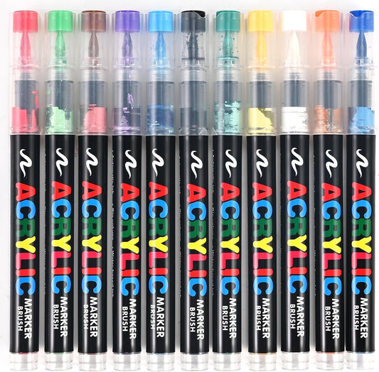 12 Colors Acrylic Paint Markers, Soft Brush Tip Pens with Direct Ink System for Rock, Wood, Fabric, Canvas, Glass, Waterproof Paint Pens for DIY Crafts, Kids & Artists