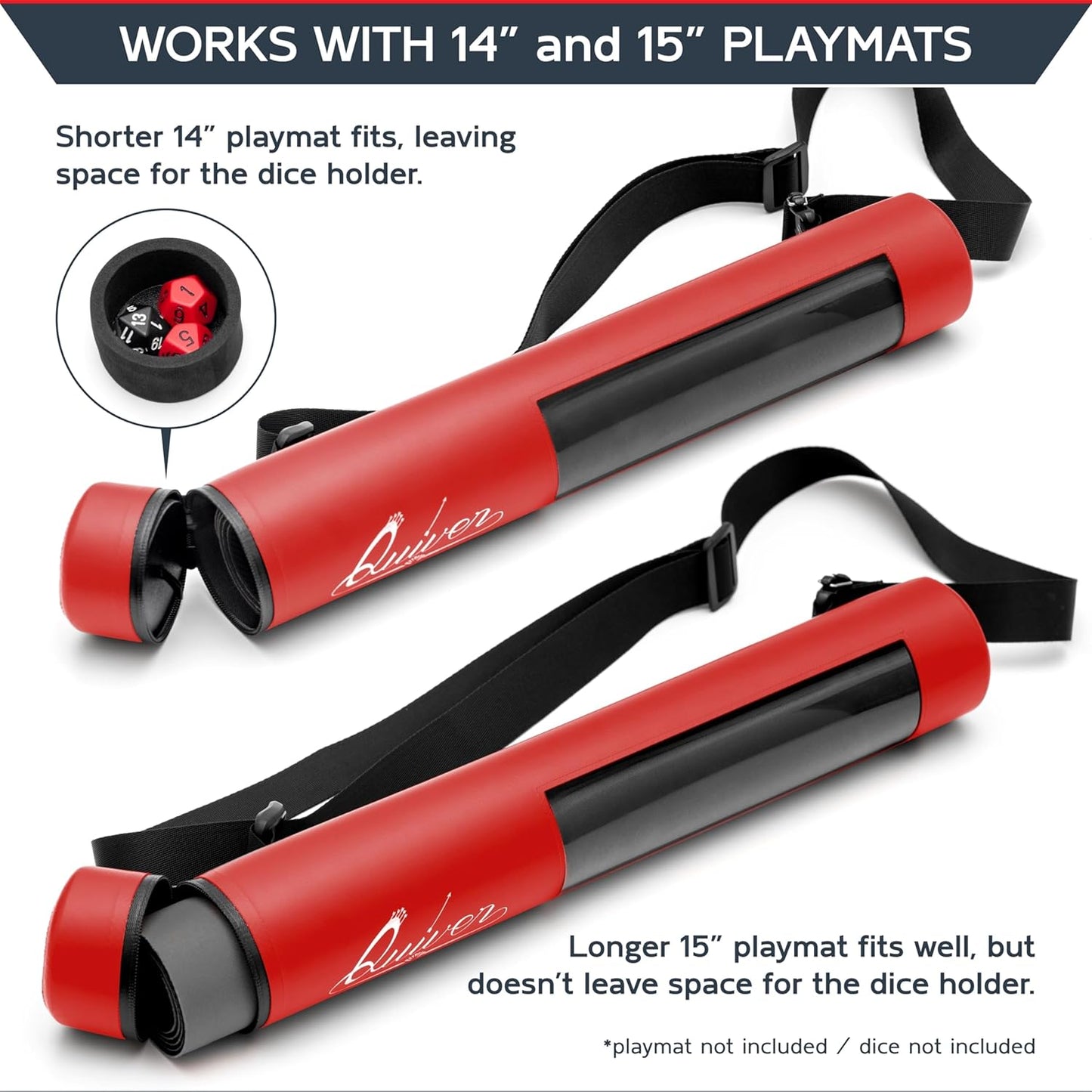 Quiver Time Red XL Orion Playmat Tube - TCG MtG Playmat Tube Case Bag with Waterproof Zipper, Hidden Dice Pocket, Adjustable Removable Shoulder Strap, See-Through Window, Fits 14" and 15" playmats