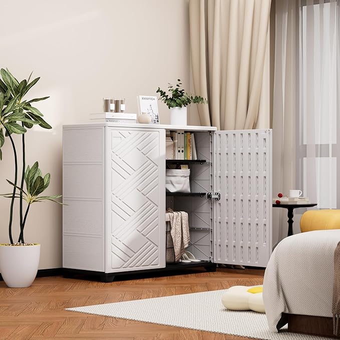 Storage Box Outdoor Caninet,Resin Indoor Storage Box Waterproof,Outdoor Storage Cabinets for Patio/Garden/Backyard(with 1 Shelf)-White