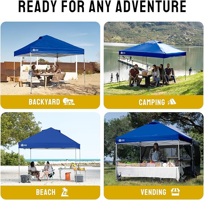 CROWN SHADES 8x8 Pop Up Canopy, Patented Center Lock One Push Instant Popup Outdoor Canopy Tent, Newly Designed Storage Bag, 8 Stakes, 4 Ropes, Silver-Coated Navy Blue