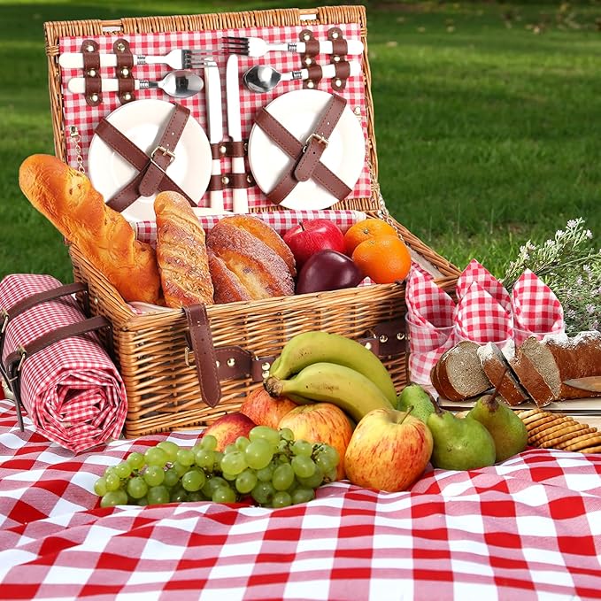 Neti Neti Wicker Picnic Basket for 4 with Insulated Cooler & Waterproof Blanket – Large Willow Picnic Hamper for Outdoor, Camping, Beach, Romantic Dates, Valentine’s Day