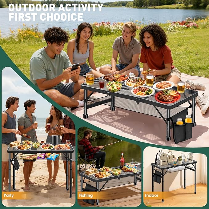 DeeprBetter Folding Camping Table, 3ft Camping Table Aluminum Folding Table with 3 Adjustable Height Max 27.5 Inch Picnic Table Portable Table for Outdoor Backyard BBQ, Beach