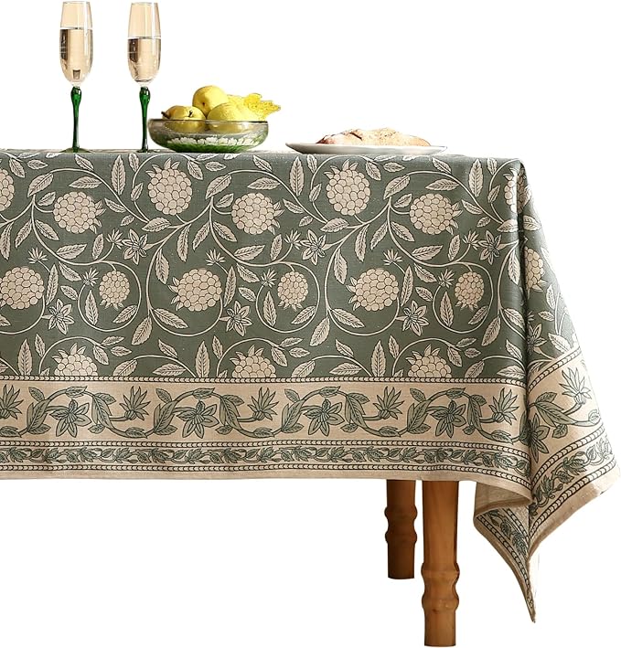 ISAENNE Designer Grayish Green Linen Square Tablecloth,Floral Elegant Stain Resistant Table Cloth,Fall Vintage Decor Tablecloths for Dining Thanksgiving Kitchen Tea Party,67"*67"-Andrew A