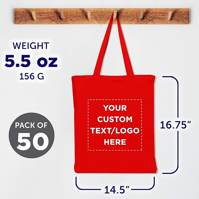 DISCOUNT PROMOS Custom Cotton Canvas Tote Bags Set of 50, Personalized Bulk Pack - Reusable, Great for Shopping, Grocery, Beach, Picnic, Wedding Favors - Red