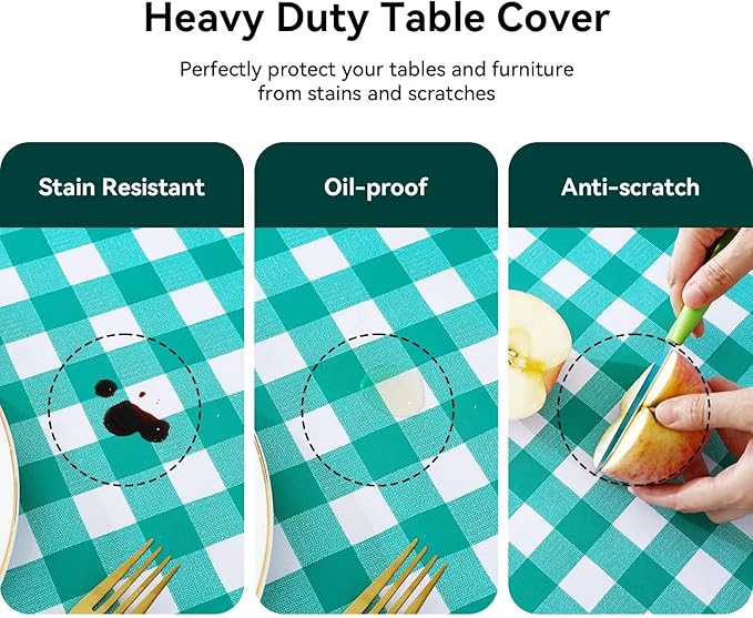 Romanstile Square Vinyl Tablecloth, 100% Waterproof Buffalo Gingham Plastic Table Cloth, Heavy Duty Wipeable Checkered Table Covers for Outdoor, Camping, Picnic, Patio - - 60 x 60, Teal Green