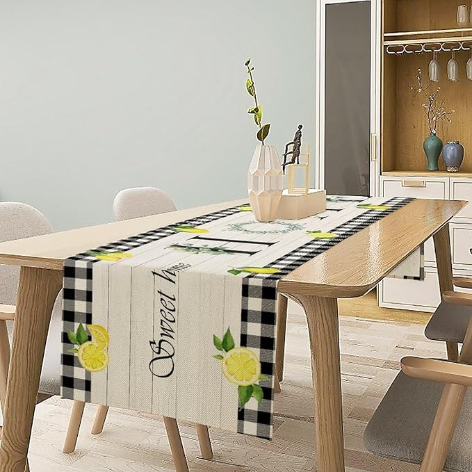 Lemon Fruit Home Table Runner,Vintage Farmhouse Rustic Black White Buffalo Plaid Dining Table Decoration for Home Holiday Party Dresser Kitchen Cabin Restaurant Wedding Decor 13×108in