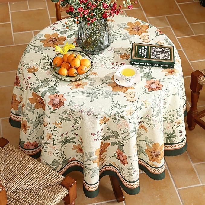 French Linen Small Tablecloth for Round Table,Orange Floral Pattern Wrinkle Resistant Tablecloths,Decor Table Cover for Kitchen,Dining,Party,Thanksgiving,Christmas,Diameter 55"-Milch