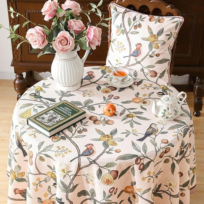 Linen 55 Inch Round Tablecloth,Wrinkle Resistant French Pink Tablecloth Print with Froal,Decor Stitch Table Cloth for Thanksgiving,Dining Room,Home,Kitchen Diameter 55" -Dewey A