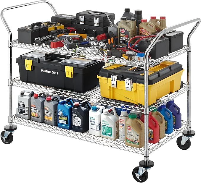 Finnhomy 3-Tier Commercial Grade Rolling Cart, Heavy Duty Utility Carts with Wheels and Handles, Kitchen Trolly on Wheels, Metal Serving Shelves with 700 lbs Capacity, Shelf Size 24" D x 48" W, NSF