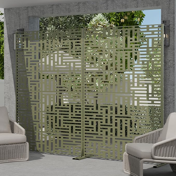 Casaphoria Metal Privacy Screen Outdoor, 72" H x 47" W Freestanding Decorative Privacy Screen for Patio Deck Balcony Garden with Stable Base, Grey-Helen
