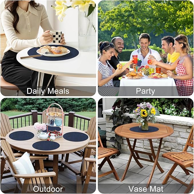 Homaxy Round Faux Leather Placemats and Coasters, Washable Dual-Side Table Mats, Wipeable Heat-Resistant Dining Place Mats for Outdoor and Indoor, Set of 4, Diameter 13 and 3.93 inch, Navy Blue
