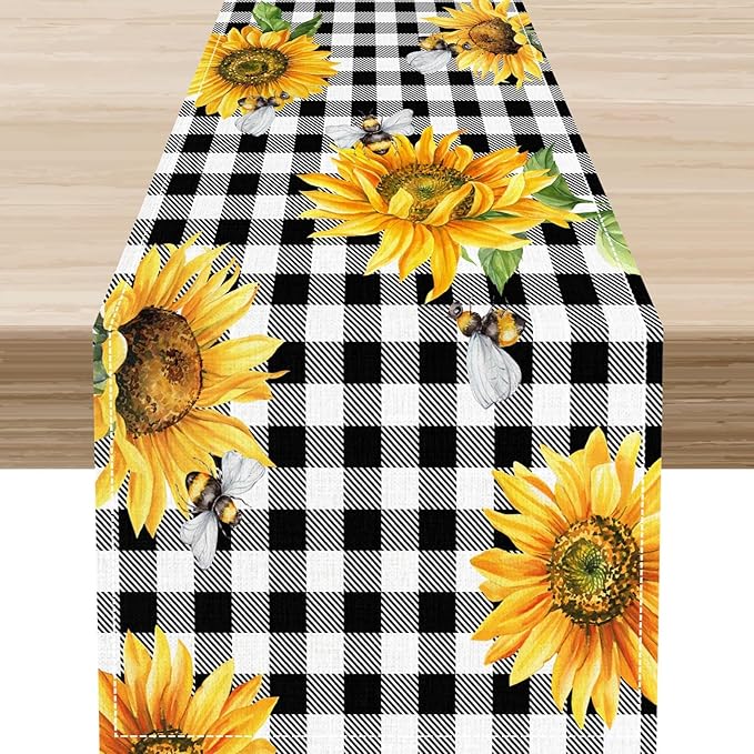 Sunflower Table Runner, Baffalo Plaid Summer Fall Yellow Florals Rustic Farmhouse Country Bumble Bee Coffee Table Center Decor for Home Kitchen Dining Patio Indoor Outdoor Decorations, 13"x108" Inch