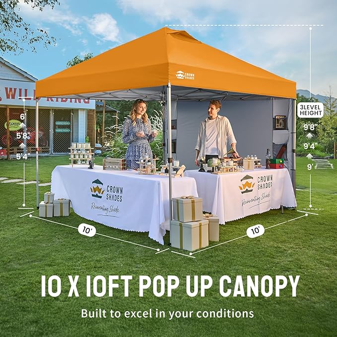 CROWN SHADES Canopy Tent, 10 x 10 Foot Portable Pop Up Outdoor Shelter with Pocket Sidewall, Push Center Lock, UV Protection, and Carry Bag, Orange