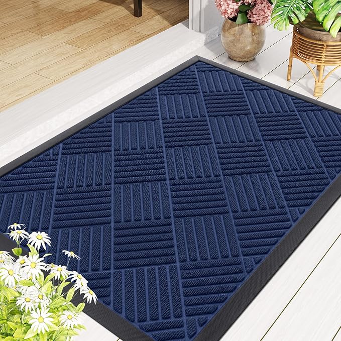 Smiry Front Door Mat Outside Entrance, Heavy Duty Outdoor Indoor Natural Rubber Doormat, Non Slip, Trap Dirt and Moisture, Easy Clean, Low Profile Patio Porch Entryway Mat, 29.5x17, Navy Blue