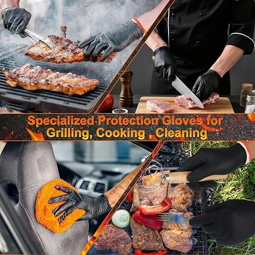 BBQ Gloves for Cooking Baking Grilling, 100 Count Disposable Nitrile Gloves and 4 Count Cotton Glove Liners Washable (6mil Nitrile, X-Large)
