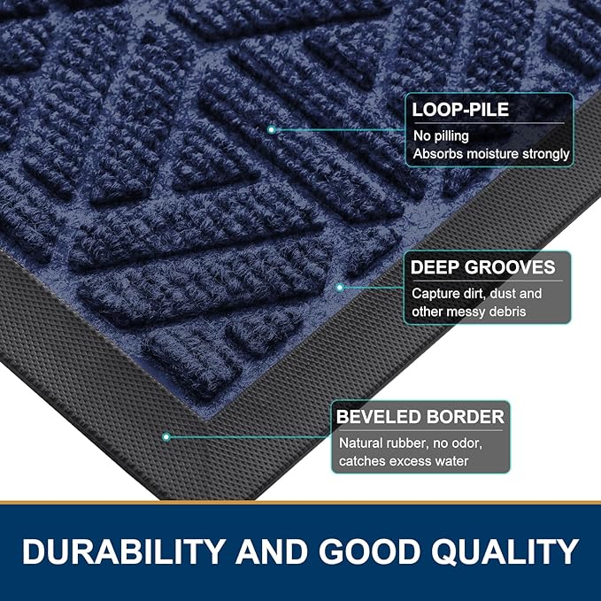 Smiry Front Door Mat Outside Entrance, Heavy Duty Sturdy Natural Rubber Doormat, Trap Dirt and Moisture, Easy Clean Low Profile Mats for Indoor Outdoor Entry, Grid Geometric (71x47, Navy Blue)