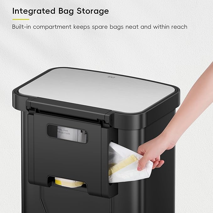 EKO Hudson 50 Liter/13.2 Gallon Kitchen Trash Can with Soft Close Lid, Stainless Steel Step Trash Can, Garbage Can with Rear Trash Bag Storage Compartment for Kitchen, Matte Black