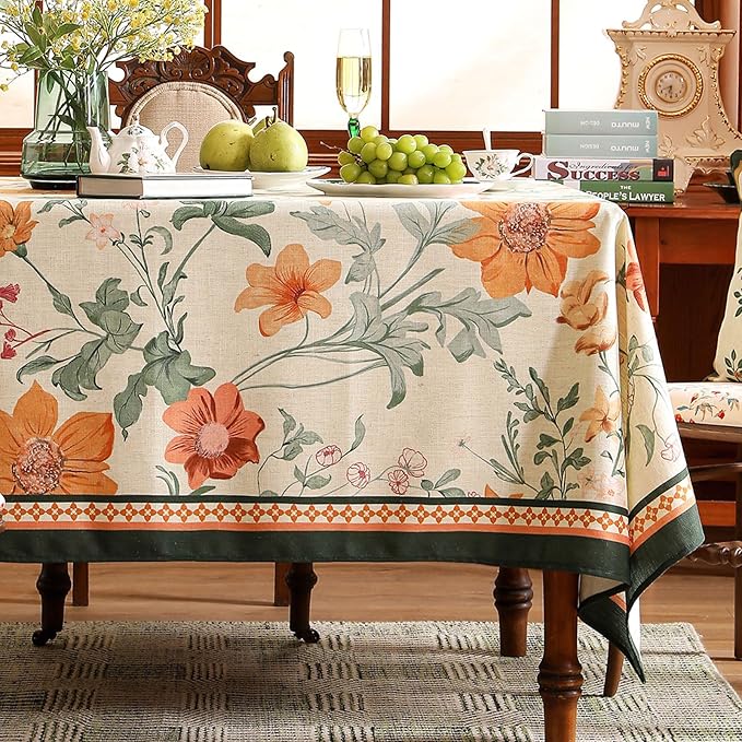 French Long Tablecloth for Rectangle Table,Linen Orange Floral Wrinkle Resistant Tablecloths,Decor Table Cover for Kitchen,Dining,Tea Party,Thanksgiving,Christmas,63"*102"-Milch