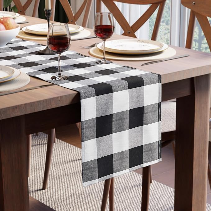 Encasa XO Cotton Dining Table Runner | Buffalo Black Checks | Size 13x120 in - Machine Washable & Durable
