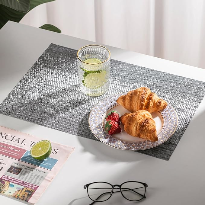 LEXMORE Placemats Set of 12 Vinyl/Plastic Woven Place Mats for Kitchen Table Indoor/Outdoor Washable Placemat Wipeable Dining Table Mats(Ombre Gray)