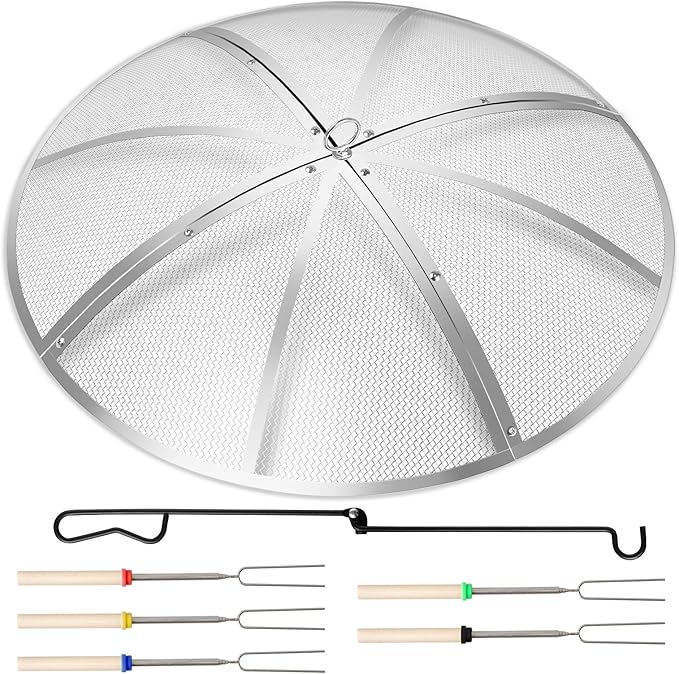 Fire Pit Spark Screen 36 Inch Round, Heavy Duty Stainless Steel Outdoor Fire Pit Screen Cover with Foldable Hook & Marshmallow Sticks, Mesh Spark Protector for Backyard, Camping, Beach