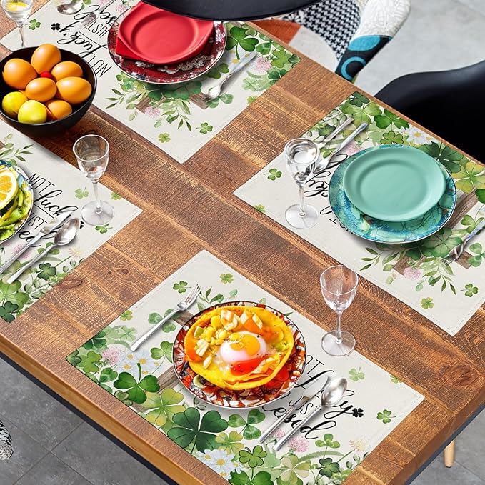 St Patricks Placemats Set of 4 St. Patrick's Day Cross Shamrocks Clover Linen Table Mats 12x18 Inch Spring Heat Resistant Washable Place Mat for Kitchen Dining Home Party Decor