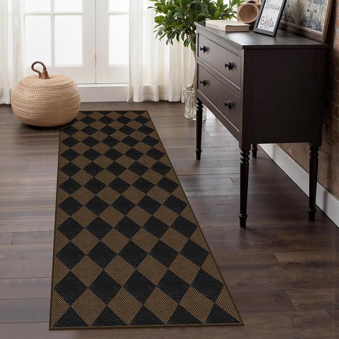 Easy Jute Checkered Runner Rug, 2x6 Coffee Modern Washable Rugs Runner for Hallway Non-Slip Kitchen Runner Rug, Geometric Diamond Indoor Outdoor Carpet for Porch Laundry Entryway