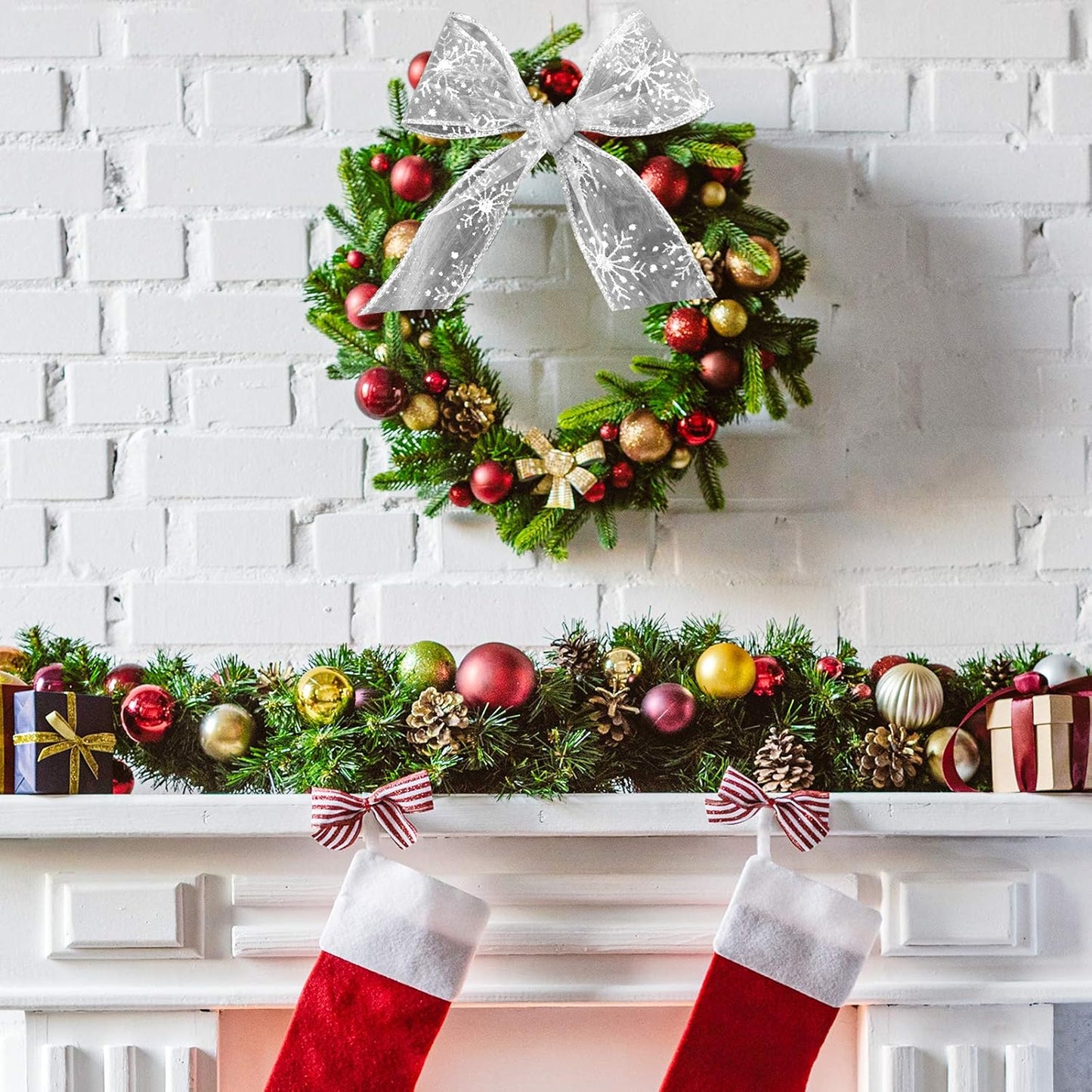 2.5 Inch Wide Christmas Wired Ribbon Snowflake Organza Sheer Glitter Ribbon for Xmas Tree, Wreath, Party Decoration, Gift Wrapping (Silver, 32.7 Foot (Pack of 1))