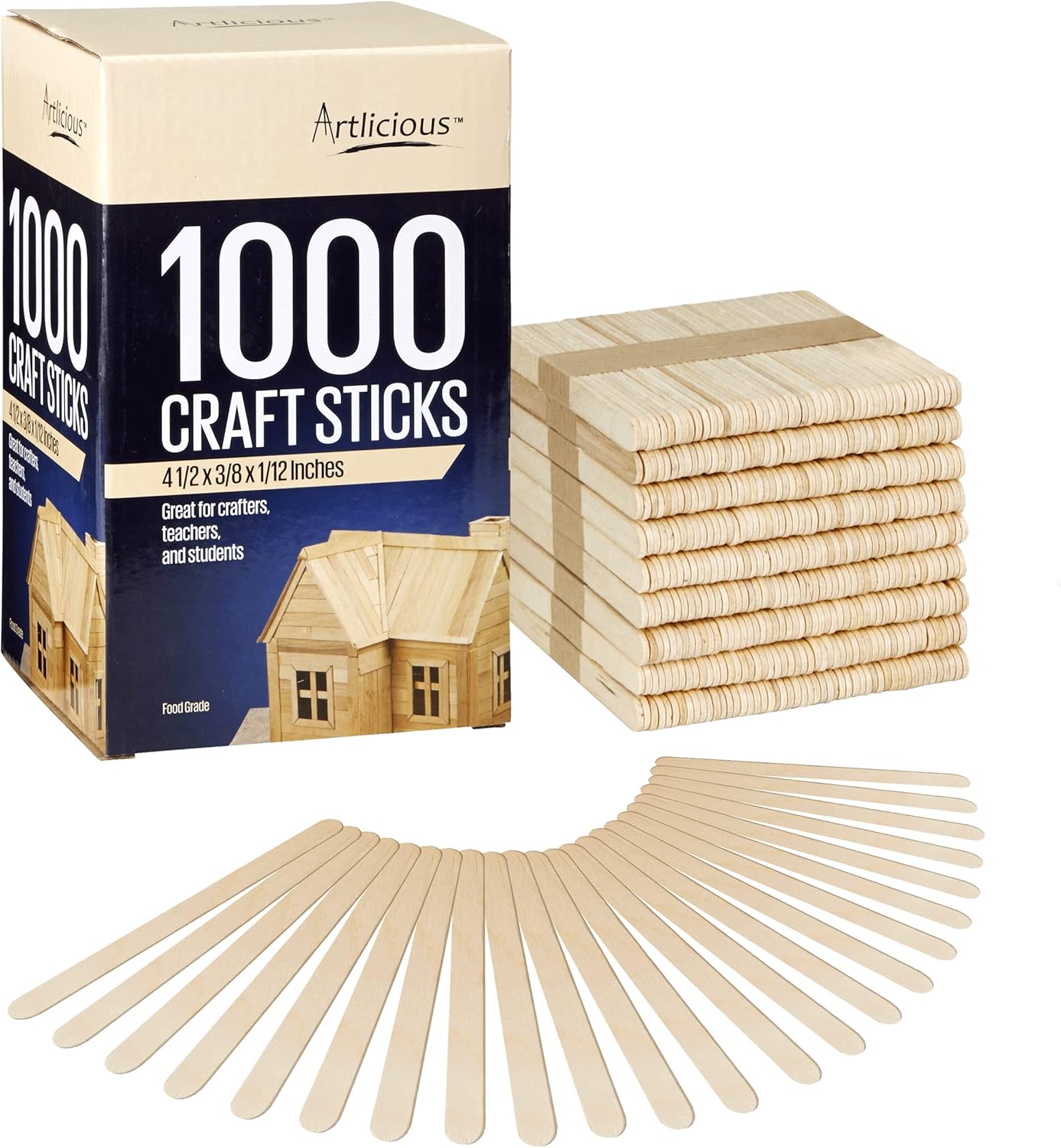 Artlicious 1000 Pcs Wooden Craft Sticks – Food-Grade Popsicle Sticks for Crafts & ice Cream Sticks – Wooden Sticks for Crafts, Wood Craft Sticks, Popsicle Sticks Bulk (Natural, 4.5" x 3/8")