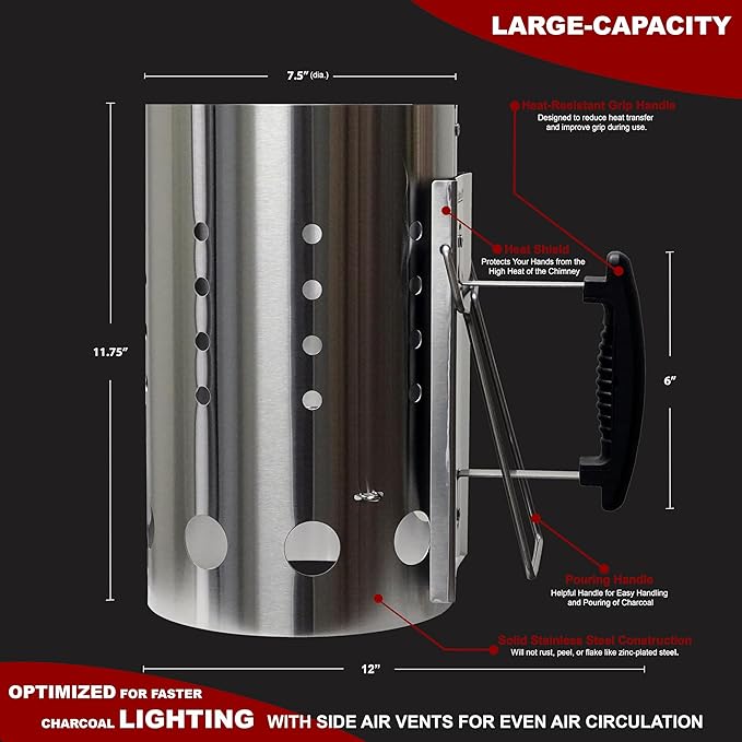 The Bincho Grill Stainless Steel Charcoal Chimney Starter – Perfect for Binchotan Charcoal & All Lump Charcoals, Built for Extreme Heat, Rust Resistant, Heat Shield Handle