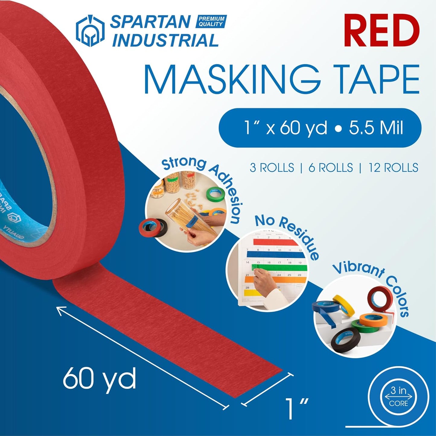 Spartan Industrial - 1" X 60 yd Red Masking Tape - 12 Colored Tape Rolls for Bundling, Labeling, and More - No Residue, 5.5 Mil
