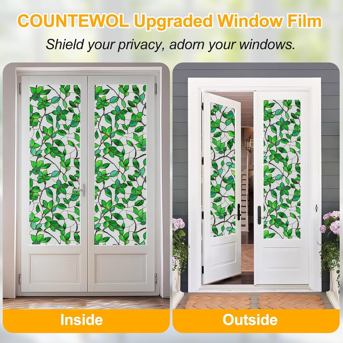 Window Privacy Film Stain Glass Window Film Rainbow Window Film Window clings Non-Adhesive Reusable Decorative for Room (Frosted Greenery Leaf, 35.4 x 78.7 in)