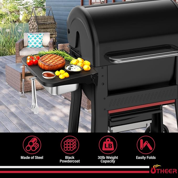 Utheer Grill Side Table Shelf for Weber Searwood 600/600XL – Foldable BBQ Prep Station with Works Cutting Board, Stainless Steel Basin, Lid & Hooks, Side Table for Weber Searwood 600 Accessories