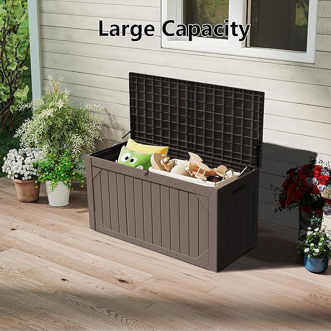 100 Gallon Resin Deck Box, Waterproof Outdoor Storage Box for Patio Furniture, Garden Tools, and Pool Accessories, Lockable UV-Resistant Storage Bin Bench Cabinet for Outside, Brown