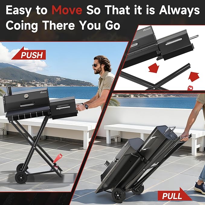 Portable Charcoal Grill with Smoking Function, Foldable Suitcase Design with Wheels, Multi-Tier Storage Rack & Waterproof Cover for Outdoor BBQ Parties (Black)