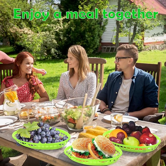 80 Pcs 9 x 5.7 Inch Reusable Oval Fast Food Baskets, Sturdy Plastic Serving Baskets for Fast Food, Parties, Picnics, BBQs and Snacks, by KUKLIPJIM.(Green)