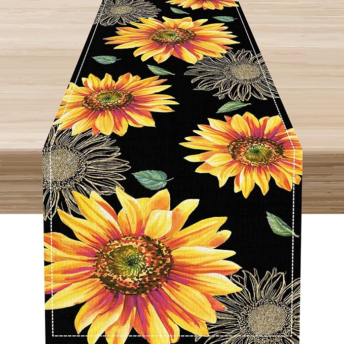 Black Yellow Floral Table Runner, Watercolor Sunflowers Vase Spring Sunshine Summer Farmhouse Rustic Table Center Decor for Home Kitchen Dining Patio Indoor Outdoor Table Decorations, 13"x90" Inch